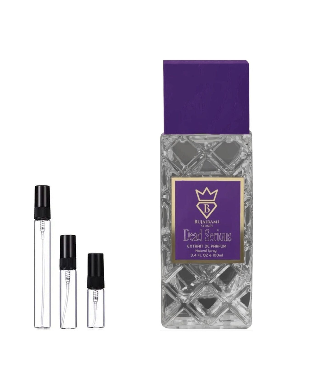 Bujairami Dead Serious sample – decant naast de volle fles ter herkenning