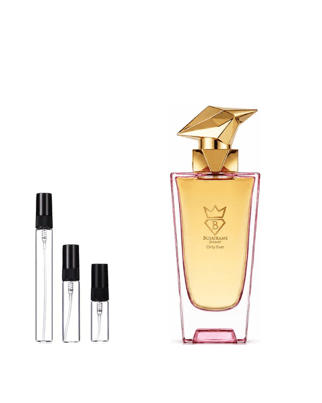 Bujairami Only Ever sample – decant naast de volle fles ter herkenning