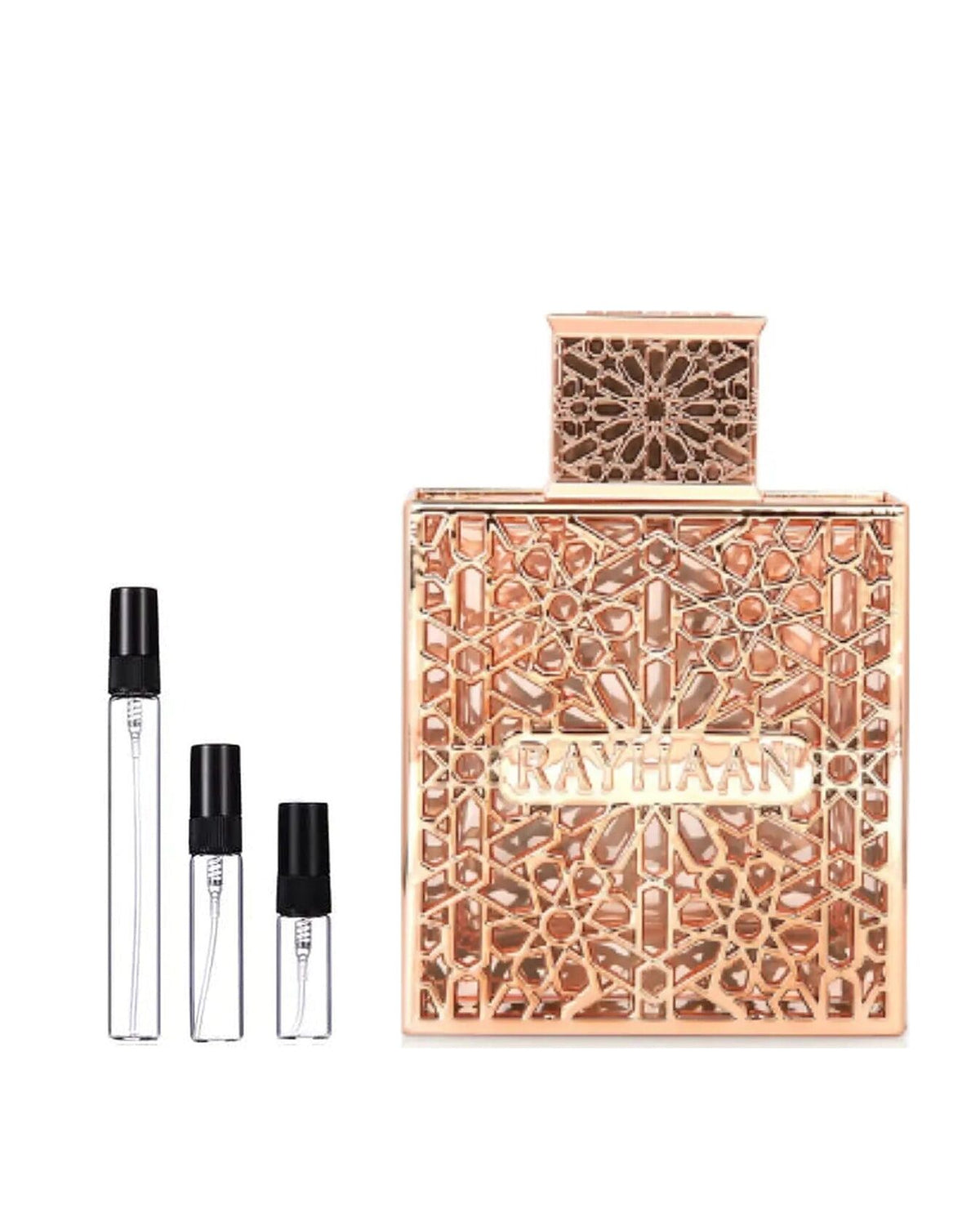 Rayhaan Divine sample – decant naast de volle fles ter herkenning